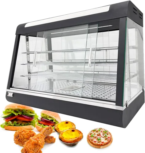 Calentador de exhibición de alimentos de 35 pulgadas, vitrina de exhibición de alimentos de acero inoxidable con vitrinas de vidrio de cuatro lados