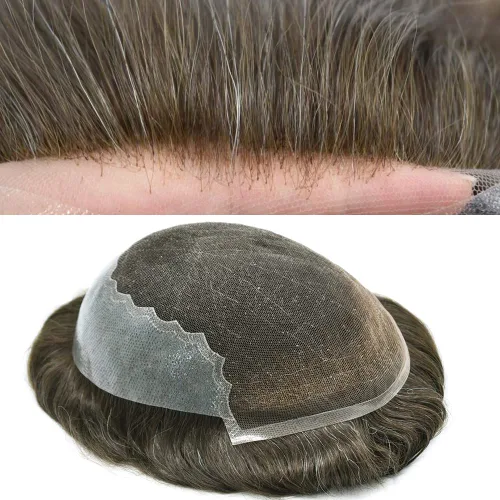 Miniatura 21 de Toupee para hombres, sistema de reemplazo de cabello humano Remy, nudos blanqueados, encaje frontal, piel fina, para hombre, color gris, pelucas
