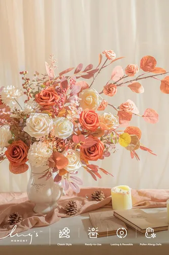 Miniatura 3 de Ling's moment Flores Artificiales de Otoño 25 Piezas Rosas Naranja Quemado Decoración c/Tallos, 3" Tacto Real DIY Espuma Floral para Ramo de O