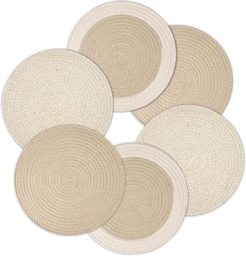 Miniatura 31 de Encasa XO Juego de 6 manteles individuales de comedor, manteles individuales de algodón, 13 pulgadas de diámetro, color beige, cargadores hechos a