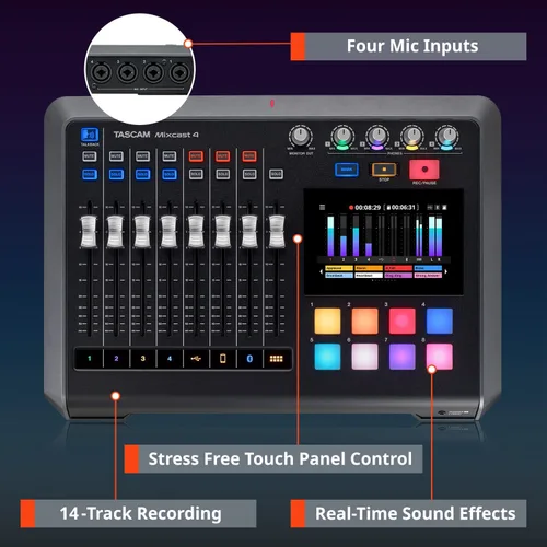 Miniatura 3 de TASCAM Mezclador de transmisión de podcasts Mixcast 4, grabadora e interfaz de audio USB: cuatro entradas de micrófono XLR/TRS, pantalla táctil
