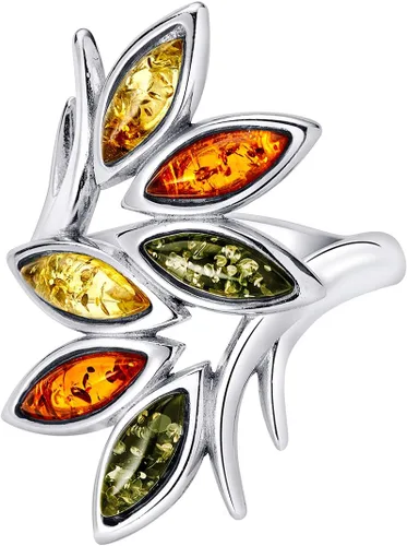 Miniatura 3 de PEORA Anillo de rama de hoja de ámbar báltico multicolor genuino para mujer, plata de ley 925, coñac rico, verde oliva, amarillo miel, talla 5
