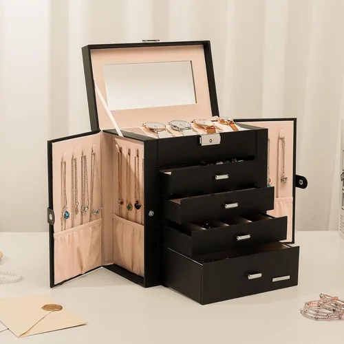 Miniatura 8 de Homde Caja de joyería enorme de cuero sintético Organizador de reloj con espejo Collar Anillo Pendiente Almacenamiento Caja de regalo con cerradura