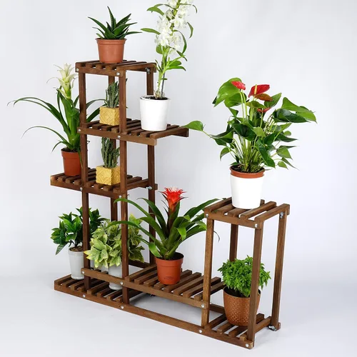 Svenion 4 niveles y 10 macetas para interiores y exteriores, soportes de madera para plantas, estante vintage, organizador de plantas en esquina,