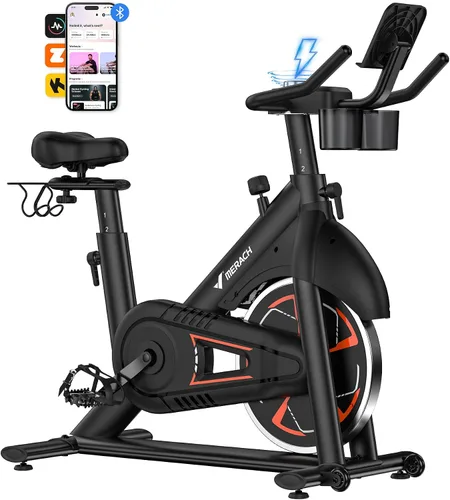 Miniatura 10 de Merach Bicicleta estática magnética, bicicleta estacionaria de bajo ruido para el hogar con cómodo cojín de asiento, bicicleta giratoria
