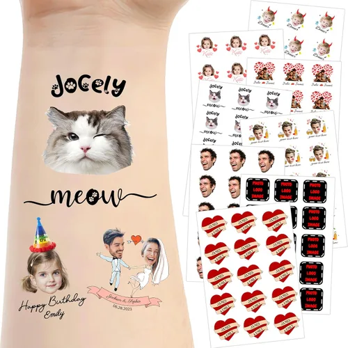 Miniatura 27 de Tatuajes temporales personalizados para la cara, tatuajes faciales personalizados con nombre de foto, logotipo, texto, calcomanía de tatuaje falsa