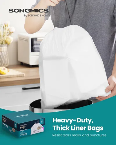 Miniatura 2 de SONGMICS Bolsas de basura para botes de basura de 2.6 galones (10 litros), bolsas de basura con cordón para cocina, preseparadas, caja