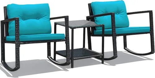 Miniatura 13 de RELAX4LIFE Juego de sillas mecedoras para exteriores, juego de 3 piezas de mimbre de polietileno con mesa de cojines y estante de almacenamiento