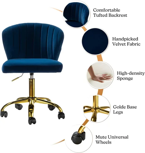 Miniatura 4 de TINA'S HOME Sillas de escritorio de oficina con ruedas y base dorada, moderna silla de oficina sin brazos de terciopelo linda, silla giratoria Azul