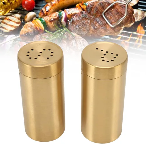 Miniatura 3 de Salero de acero inoxidable, dorado, paquete de 2 con malla fina para salero y azúcar, contenedor de condimentos de cocina
