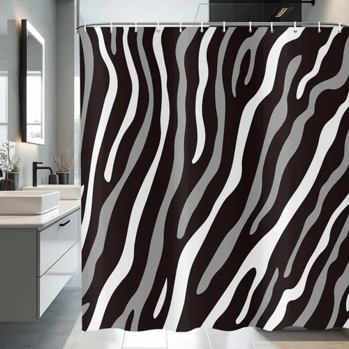 Miniatura 10 de deFouliao Cortina de ducha negra abstracta moderna a rayas, arte de mármol ondulado para baño, decoración del hogar, hotel de lujo, tela impermeable