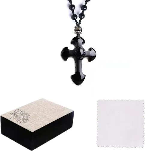 Miniatura 7 de Collar con dije de cruz de obsidiana negra, cristal curativo de obsidiana natural, piedra de energía, amuleto, para mujeres, hombres, niñas, niños