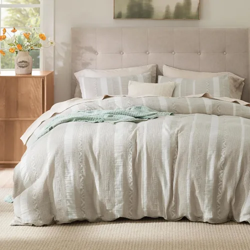 Miniatura 35 de Bedsure - Funda de edredón de algodón tamaño King - 100% algodón de tejido gofre color verde bosque, juego de ropa de cama GentleSoft™ transpirable