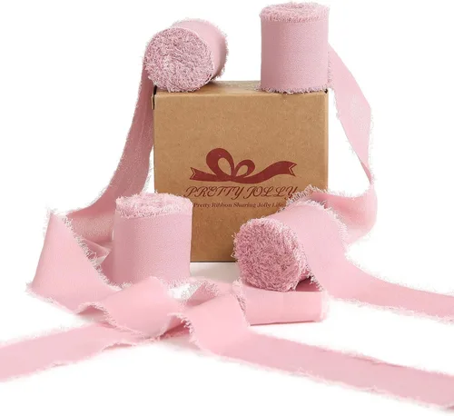 Miniatura 17 de Pretty Jolly Cinta de gasa beige para envolver regalos, 3 rollos de 2 pulgadas x 7 yardas, cinta de tela de seda hecha a mano con flecos para ramo