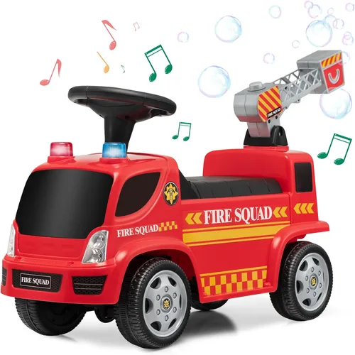 HONEY JOY Coche de Paseo con Fabricador de Burbujas, Coche de Bomberos de Empuje para Niños Pequeños con Bocina, Música, Luces, Almacenamiento Bajo