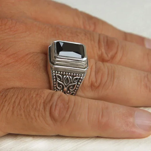 Miniatura 7 de Juego de anillos de plata de ley 925 maciza con piedra de ónix negro