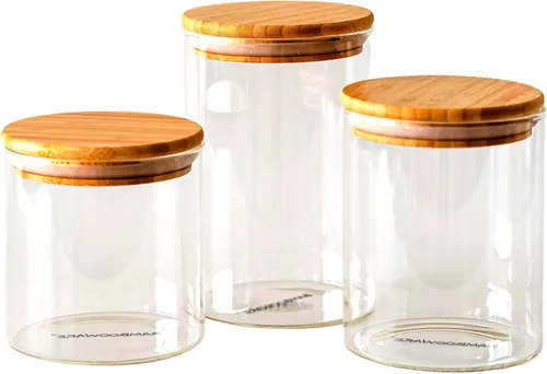 Bambooware - Recipientes de vidrio con tapas | Organización de cocina | Organización de despensa - Juego de 3 recipientes - Tarros de vidrio