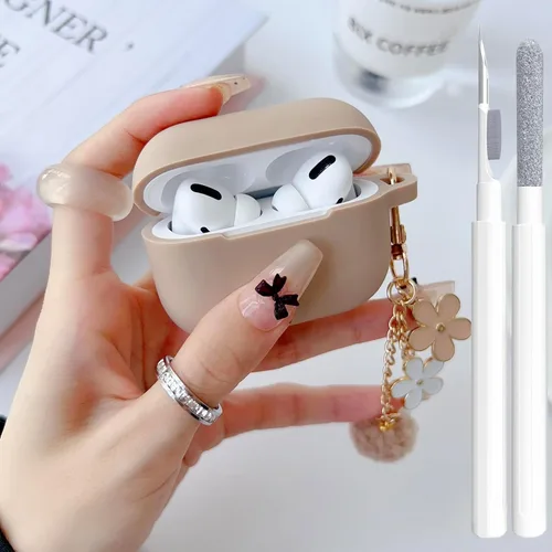 Miniatura 21 de Bonita funda negra para Airpods de 2ª/1ª generación para niñas y mujeres, con llavero de pompón de flores y kit de limpieza, funda protectora tipo