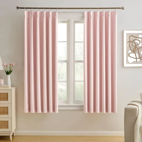 KEQIAOSUOCAI Cortinas opacas plisadas de color rosa, juego de 2 paneles de 45 pulgadas de largo para ventanas pequeñas, cortinas de oscurecimiento