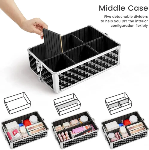 Miniatura 5 de Yaheetech Estuche de tren de maquillaje rodante 3 en 1, organizador de gran capacidad con ruedas giratorias, carrito cosmético para llaves para Negro