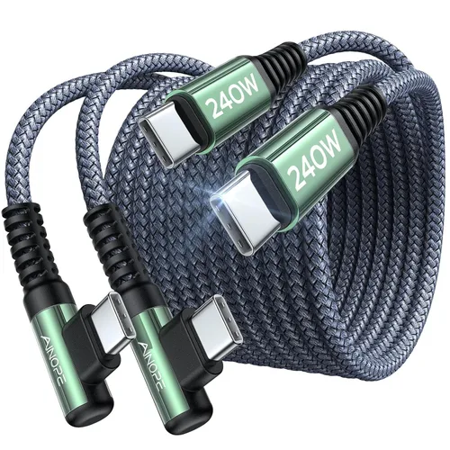 AINOPE Cable USB C a USB C de 240W (6.6 pies, paquete de 2, USB C Chubby) Cable de carga rápida USB C a USB C, cable cargador USB C en ángulo recto