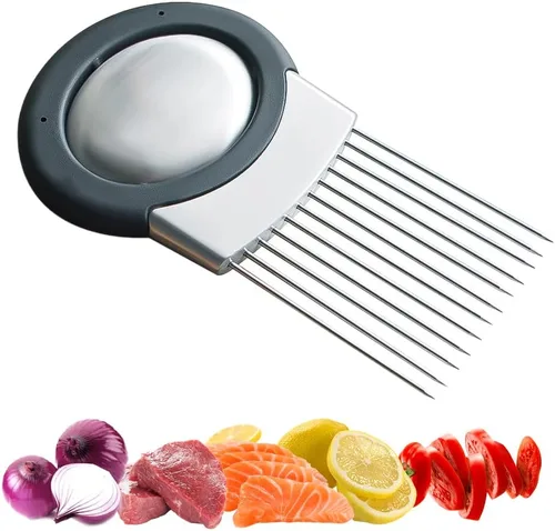 Soporte de cebolla mejorado 2025 para rebanar, soporte de rodajas de cebolla de acero inoxidable, cortador de limón, cortador de verduras,