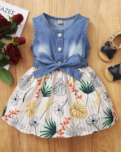 Miniatura 4 de Saeaby Vestido de Niña Bebé Ropa de Verano para Niña Pequeña Vestido sin Mangas para Bebé Vestido de Mezclilla con Flores Vestido de Verano Vestidos