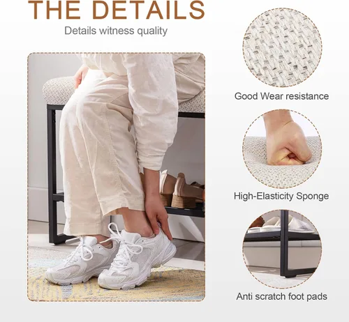 Miniatura 4 de Zesthouse Banco de zapatos tapizado para entrada con almacenamiento, cómodo banco de tela para dormitorio, extremo de cama, zapatero de metal