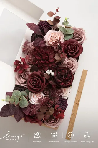 Miniatura 4 de Ling's moment Caja de flores falsas, tallos de vegetación artificiales artificiales, rosas de espuma, peonías de seda de dalia, eucalipto, flor Rosa
