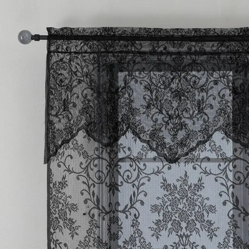 WUBODTI Cortinas de encaje transparente gótico negro con cenefa adjunta de 63 pulgadas de largo, cortina vintage victoriana, cortinas cortas con