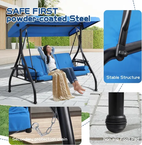 Miniatura 2 de Columpio de porche al aire libre de 3 asientos con toldo ajustable, cama convertible con soporte, planeador de patio con cojín, almohada y soporte