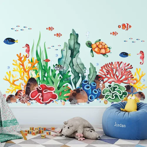 Miniatura 9 de Adhesivo creativo extraíble 3D bajo el mar para pared, diseño de hierba de coral, vida oceánica, despegar y pegar, decoración de pared de peces
