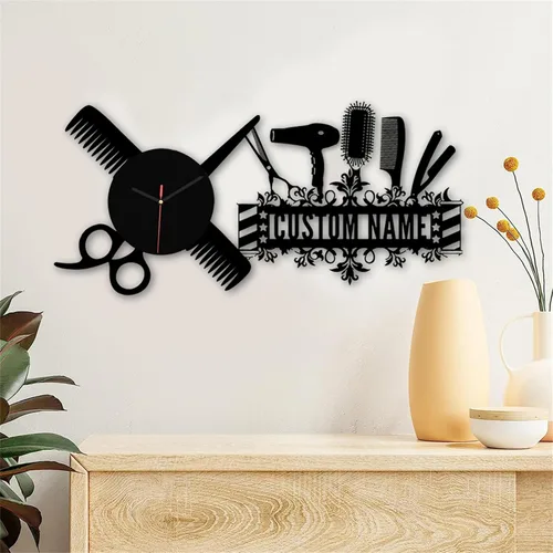 Miniatura 13 de Reloj de pared con nombre personalizado para dormitorio, sala de estar, cocina, barbería, peluquería, peluquería, herramienta de peluquería, Reloj