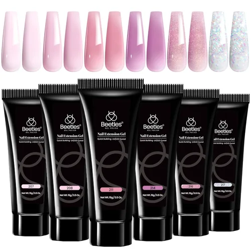 Miniatura 12 de Beetles - Kit de extensión de gel de uñas de polietileno, 6 colores de gelatina nude con solución deslizante, mejora de uñas para principiantes