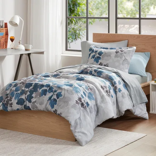 Madison Park Juego de edredón tamaño individual con sábanas, edredón de microfibra suave con estampado floral en una bolsa para cama tamaño