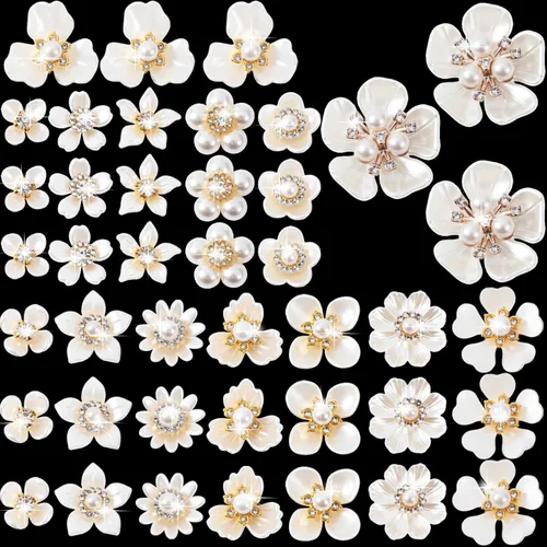 Miniatura 14 de HINZIC 40 piezas de botones de diamantes de imitación de perlas, broches de flores, adornos dorados y plateados, dijes decorativos de boda