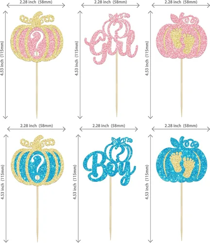 Miniatura 2 de 24 adornos para cupcakes de calabaza para niños o niñas con purpurina para revelación de género, decoración para cupcakes de calabaza, pies
