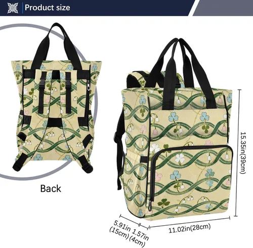 Miniatura 3 de Floral Pattern Diaper Bag Backpack, Multi-Pocket Nylon Tote with Shamrock Design, 11x6x15 Inches, Cream and Green, for Travel and Baby Care