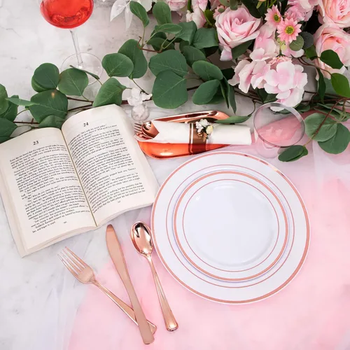 Miniatura 5 de WELLIFE - Vajilla de plástico en color oro rosa, 350 piezas, 50 platos desechables con cubiertos oro rosa, tazas de 10 onzas y 50 servilletas