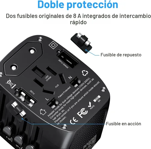 Miniatura 7 de Adaptador de viaje internacional convertidor de voltaje combinado para 100 V-240 V con 2 puertos USB, Estados Unidos a Reino Unido, Europa