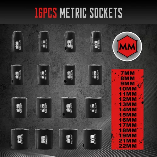 Miniatura 2 de WIILDIS Juego de llaves de impacto de 26 piezas con accionamiento de 3/8 pulgadas SAE y métrico, SAE 5/16” a 7/8”, métrico 7mm a 22mm, acero Cr-V