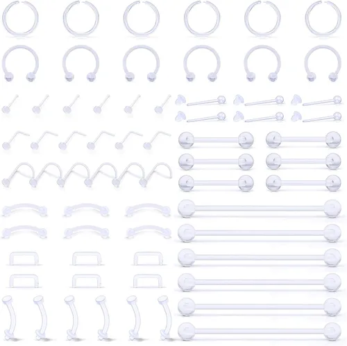 Miniatura 2 de SCERRING 66 piezas de retenedor de piercing transparente para tabique, aretes de nariz, flexibles, para labios, oreja, nariz, aro para lengua