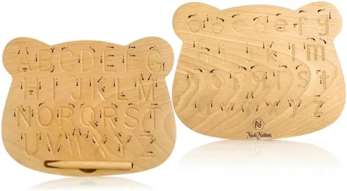 Tabla de trazado del alfabeto de madera de doble cara, madera natural de primera calidad, letras mayúsculas y minúsculas (oso de 7.7 x 6.3 x 0.6 in)