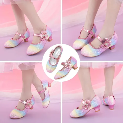 Miniatura 7 de Dufannie Zapatos de vestir para niñas, zapatos de tacón bajo de princesa, zapatos planos con purpurina para bodas y fiestas