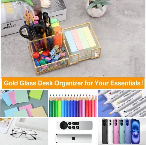 Miniatura 8 de Organizador de escritorio Shonmogar con 3 compartimentos, organizador pequeño de escritorio de vidrio para bolígrafos, lápices, tarjetas
