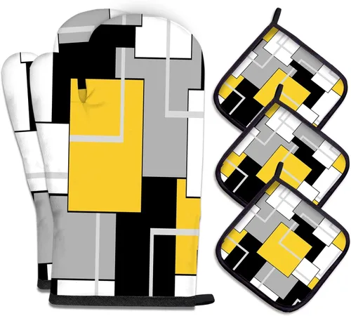 Miniatura 15 de MCALK Juego de 5 piezas de manoplas de horno geométricas grises y agarraderas, guantes de horno grises y almohadillas térmicas para cocinar