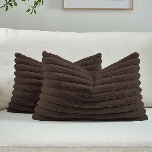 Miniatura 34 de FUTEI - Juego de 2 fundas de almohada decorativas con rayas, cuadradas, para invierno, piel sintética de conejo suave y acogedora y respaldo