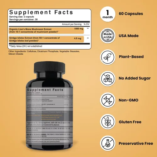 Miniatura 6 de NooMost Cápsulas de suplemento de hongos de melena de leones de 1080 mg con ginkgo biloba, energía, enfoque, claridad y apoyo de memoria