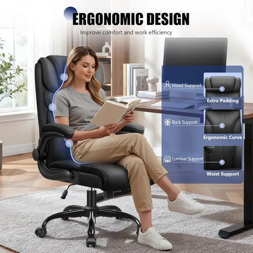 Miniatura 6 de Primy Silla de oficina, silla de escritorio ergonómica de cuero con reposabrazos abatibles, respaldo alto grande y alto, silla ejecutiva para Negro