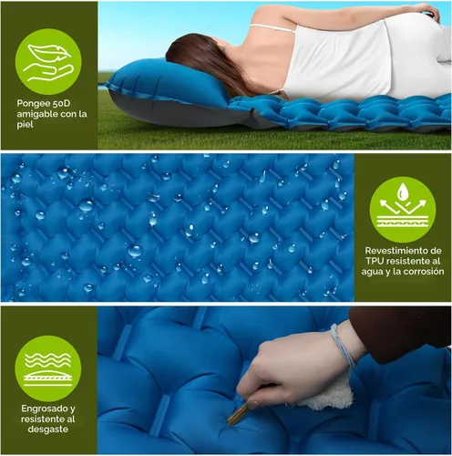 Miniatura 6 de Colchoneta de dormir doble para campamento, extra gruesa de 4 pulgadas, almohadilla inflable para 2 personas con bomba de pie y almohada integradas